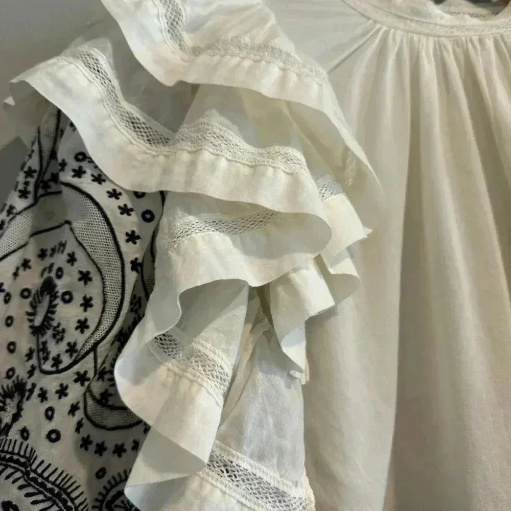 Ulla Johnson Annetta Cotton Ruffle Blouse Long Sleeve Embroidered Boho Peasant 2 - Picture 7 of 13